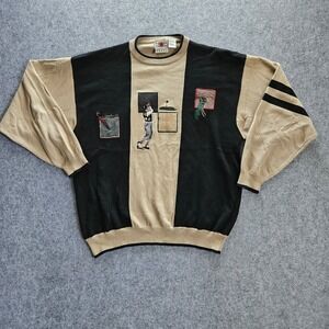 Cotton Traders Sport VTG Golf Sweater Mens Large Black Tan Embroidered Cotton